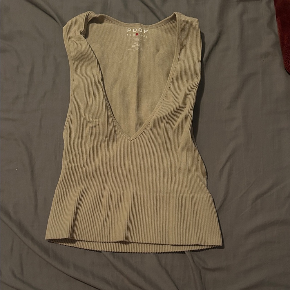 Poof! Ribbed V-Neck Peplum Tank Top in Taupe
